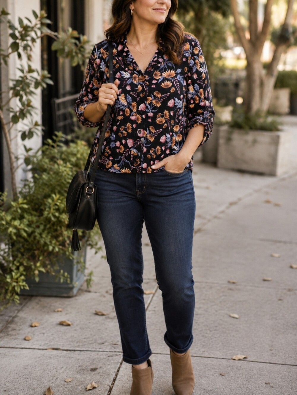 Style & Co. Black Floral Button-Up Roll Tab Sleeve Fall Boho Casual Blouse